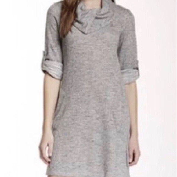 Unbranded Dresses & Skirts - Womens Heather Grey Marled Knit Cowl Neck Tunic Dress Roll Tab Sleeve Pockets